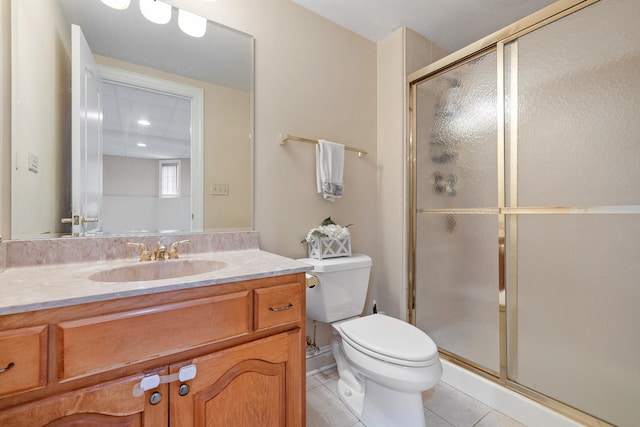 13738 Legend Trail Ln, Orland Park, IL 60462 - bathroom with tile patterned floors, vanity, a stall shower, and toilet