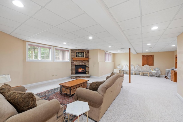 13738 Legend Trail Ln, Orland Park, IL 60462 - carpeted living area with recessed lighting, baseboards, a stone fireplace, and a drop ceiling