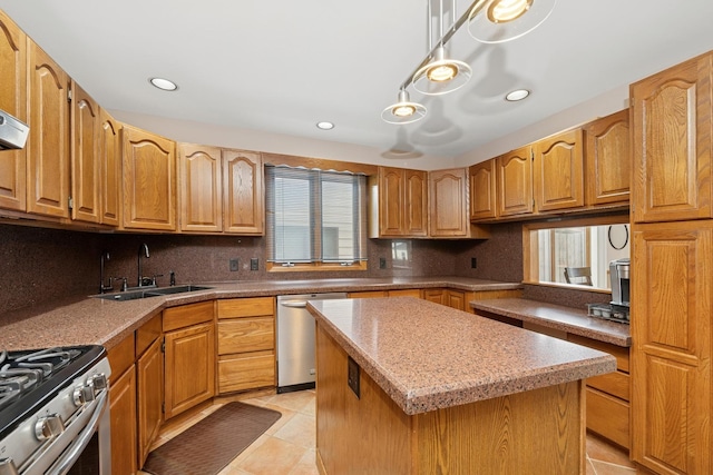 610 Mchenry Ave, Mchenry, IL 60050 - kitchen featuring stainless steel dishwasher, a sink, tasteful backsplash, recessed lighting, and a center island