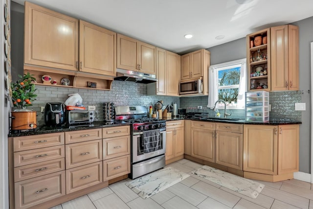 1313 W Cornelia Ave, Waukegan, IL 60085 - kitchen featuring open shelves, stainless steel appliances, under cabinet range hood, light brown cabinets, and a sink