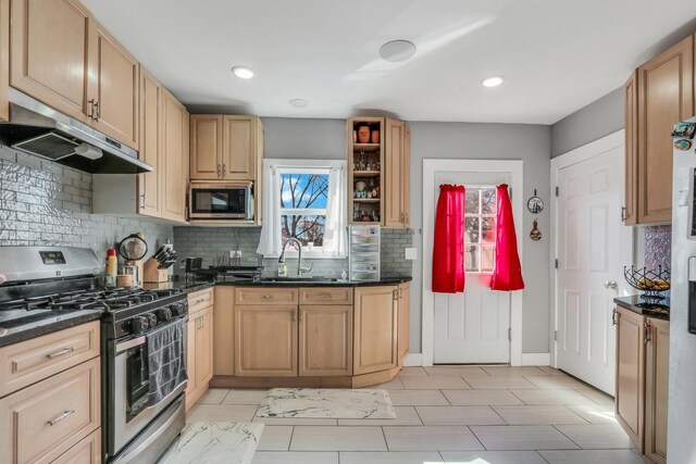 1313 W Cornelia Ave, Waukegan, IL 60085 - kitchen with stainless steel appliances, under cabinet range hood, tasteful backsplash, light brown cabinets, and recessed lighting