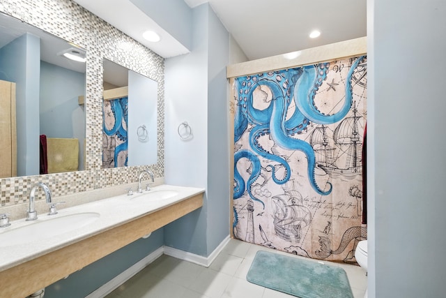 170 Manchester Dr Unit 406, Buffalo Grove, IL 60089 - bathroom with tile patterned floors, double vanity, and curtained shower
