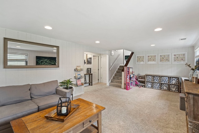 5907 W 124th St, Alsip, IL 60803 - living area featuring stairs, recessed lighting, carpet, healthy amount of natural light, and wooden walls