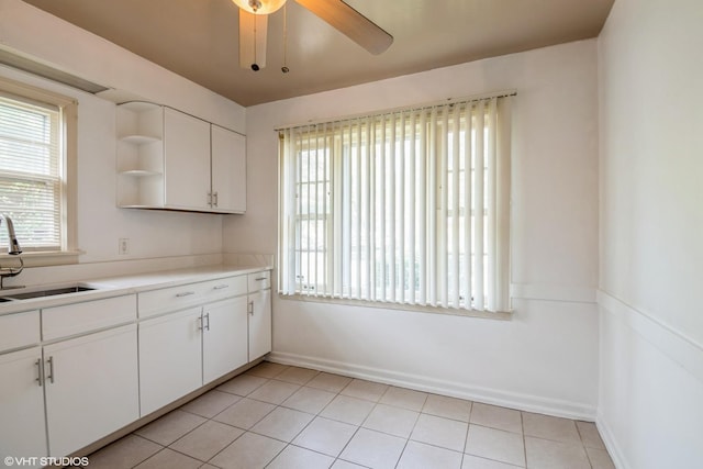 14841 Langley Ave, Dolton, IL 60419 - kitchen with a ceiling fan, open shelves, white cabinetry, and light countertops