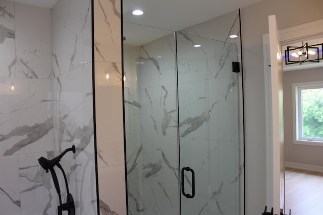 5660 W 83rd Pl, Burbank, IL 60459 - bathroom with a marble finish shower, recessed lighting, and wood finished floors