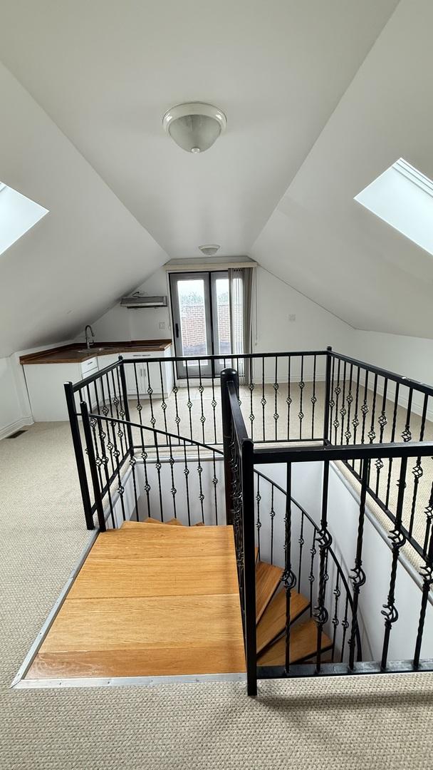 3004 S Canal St, Chicago, IL 60616 - staircase with a skylight, carpet floors, and vaulted ceiling