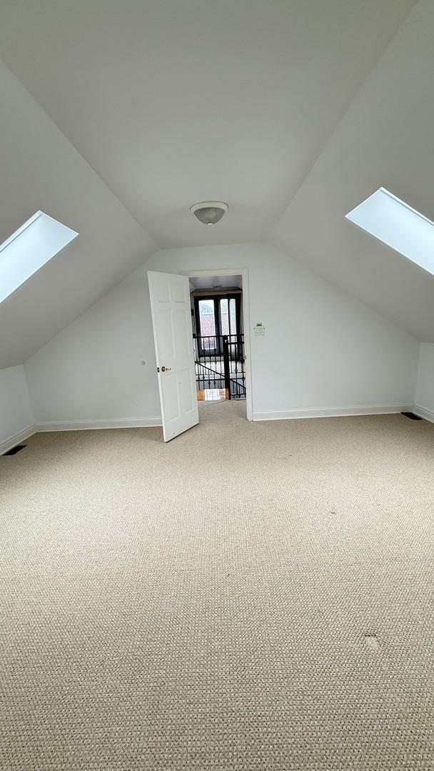 3004 S Canal St, Chicago, IL 60616 - bonus room featuring a skylight, lofted ceiling, light carpet, and baseboards
