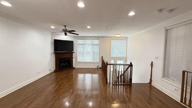 3004 S Canal St, Chicago, IL 60616 - unfurnished living room with dark wood-type flooring, crown molding, ceiling fan, recessed lighting, and baseboards