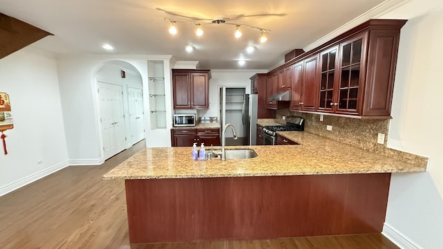 3004 S Canal St, Chicago, IL 60616 - kitchen featuring stainless steel appliances, a sink, a peninsula, light stone countertops, and glass insert cabinets