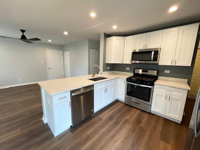 211 W Birchwood Dr Unit 211, Romeoville, IL 60446 - kitchen with appliances with stainless steel finishes, a sink, dark wood-style floors, a peninsula, and light countertops