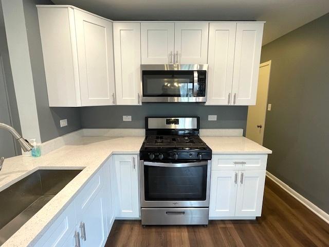 211 W Birchwood Dr Unit 211, Romeoville, IL 60446 - kitchen with stainless steel appliances, a sink, dark wood-style flooring, light stone countertops, and white cabinetry