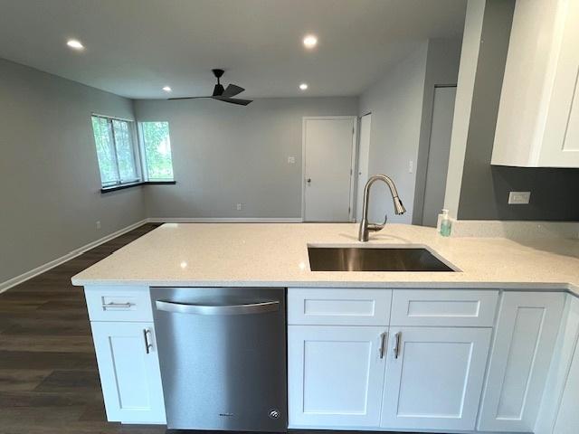 211 W Birchwood Dr Unit 211, Romeoville, IL 60446 - kitchen featuring stainless steel dishwasher, a sink, ceiling fan, white cabinets, and a peninsula