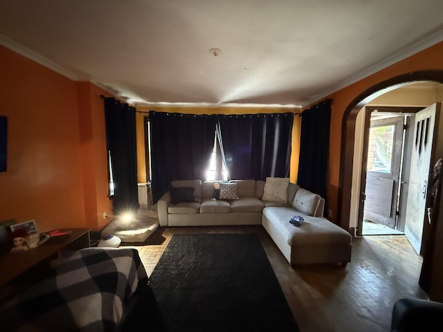 2145 N Karlov Ave, Chicago, IL 60639 - living room featuring ornamental molding, arched walkways, and wood finished floors