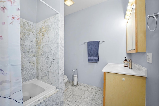 2744 W Haddon Ave Unit 2, Chicago, IL 60622 - full bathroom featuring vanity, toilet, shower / bath combination with curtain, marble look tile flooring, and baseboards
