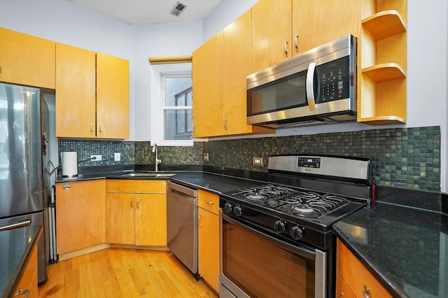2744 W Haddon Ave Unit 2, Chicago, IL 60622 - kitchen featuring stainless steel appliances, a sink, open shelves, light wood finished floors, and tasteful backsplash