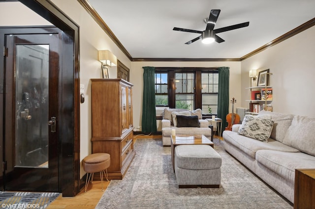 2017 W Farragut Ave Unit 1, Chicago, IL 60625 - living room featuring ornamental molding, wood finished floors, and a ceiling fan