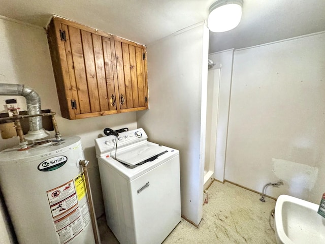 1204 W Reynolds St, Pontiac, IL 61764 - laundry room featuring washer / clothes dryer, water heater, cabinet space, and light carpet