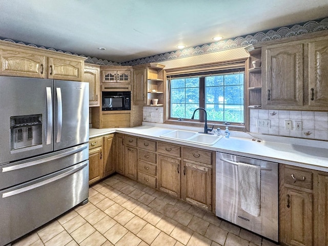 1204 W Reynolds St, Pontiac, IL 61764 - kitchen featuring stainless steel appliances, open shelves, a sink, light tile patterned flooring, and light countertops