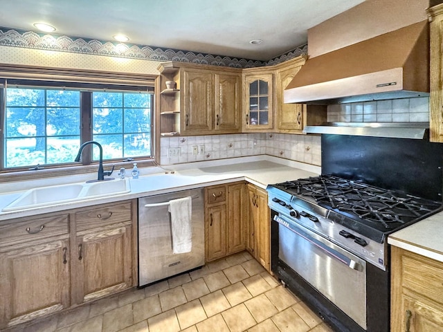 1204 W Reynolds St, Pontiac, IL 61764 - kitchen featuring appliances with stainless steel finishes, custom exhaust hood, a sink, backsplash, and light countertops