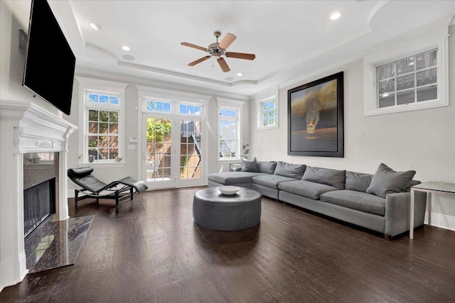 1332 W Wellington Ave, Chicago, IL 60657 - living area featuring ceiling fan, plenty of natural light, dark wood finished floors, a premium fireplace, and recessed lighting