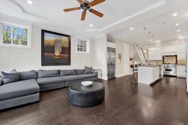 1332 W Wellington Ave, Chicago, IL 60657 - living area with a ceiling fan, dark wood-type flooring, baseboards, crown molding, and recessed lighting