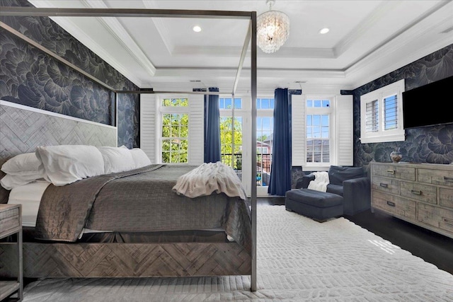 1332 W Wellington Ave, Chicago, IL 60657 - bedroom with ornamental molding, wallpapered walls, recessed lighting, and a raised ceiling