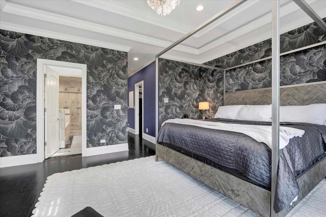 1332 W Wellington Ave, Chicago, IL 60657 - bedroom featuring crown molding, baseboards, wood finished floors, recessed lighting, and wallpapered walls