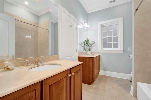 1332 W Wellington Ave, Chicago, IL 60657 - bathroom featuring ornamental molding, two vanities, tiled shower, a bath, and tile patterned floors