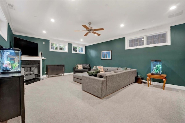 1332 W Wellington Ave, Chicago, IL 60657 - carpeted living room featuring crown molding, recessed lighting, baseboards, ceiling fan, and a fireplace with flush hearth
