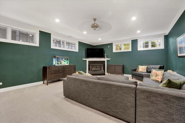 1332 W Wellington Ave, Chicago, IL 60657 - living area featuring ceiling fan, crown molding, recessed lighting, a glass covered fireplace, and carpet flooring