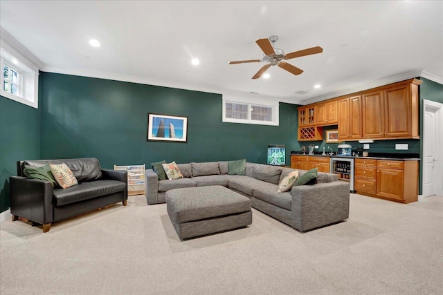 1332 W Wellington Ave, Chicago, IL 60657 - living area featuring wine cooler, light colored carpet, bar with sink, crown molding, and a ceiling fan