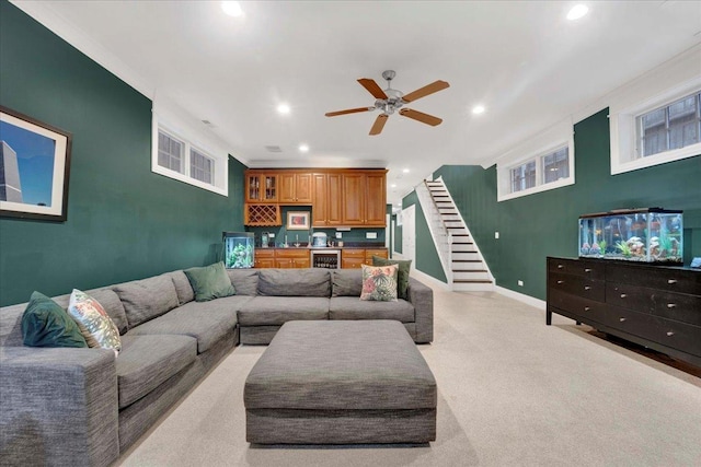 1332 W Wellington Ave, Chicago, IL 60657 - living room featuring recessed lighting, wine cooler, stairway, a ceiling fan, and light colored carpet