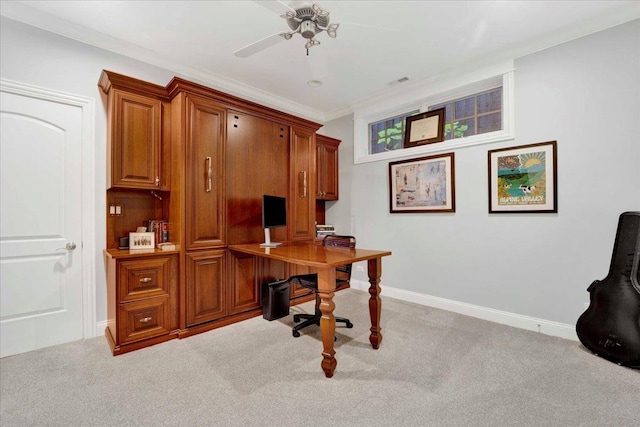 1332 W Wellington Ave, Chicago, IL 60657 - home office featuring carpet floors, crown molding, ceiling fan, and baseboards