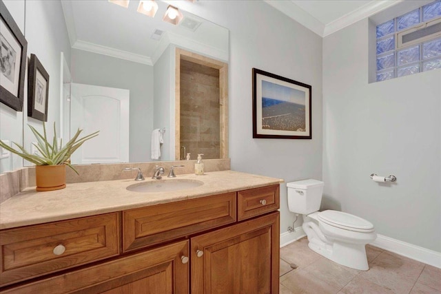 1332 W Wellington Ave, Chicago, IL 60657 - full bathroom featuring baseboards, crown molding, toilet, vanity, and tile patterned flooring