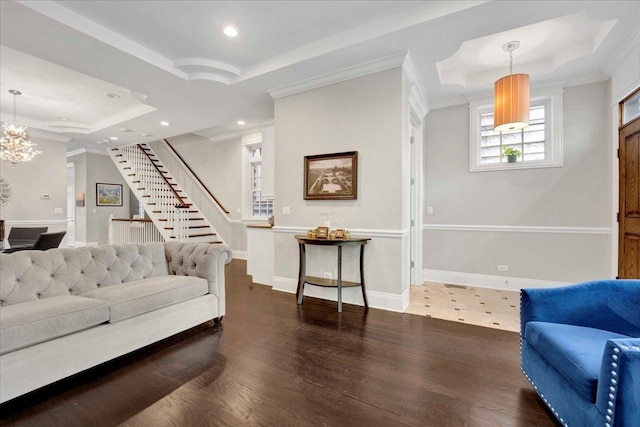 1332 W Wellington Ave, Chicago, IL 60657 - living area with a raised ceiling, ornamental molding, stairs, wood finished floors, and recessed lighting