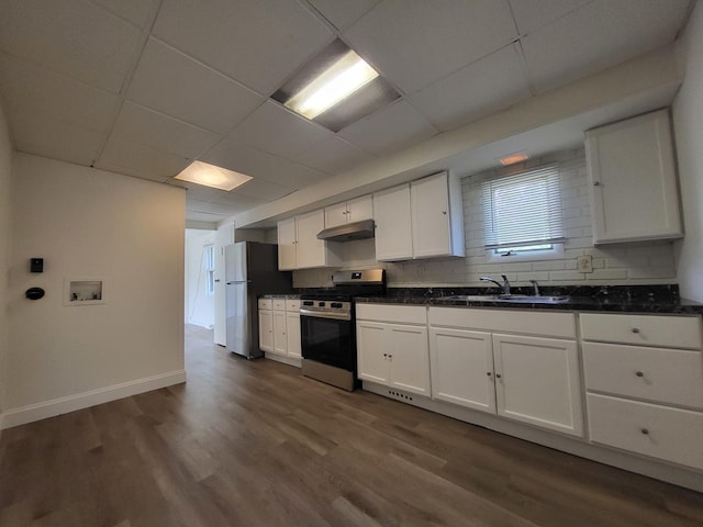 37714 N Nippersink Pl, Spring Grove, IL 60081 - kitchen featuring stainless steel appliances, a sink, under cabinet range hood, white cabinetry, and dark wood-type flooring