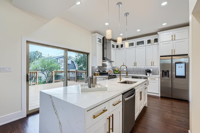 9556 S Winchester Ave, Chicago, IL 60643 - kitchen featuring appliances with stainless steel finishes, backsplash, wall chimney range hood, light stone counters, and white cabinets