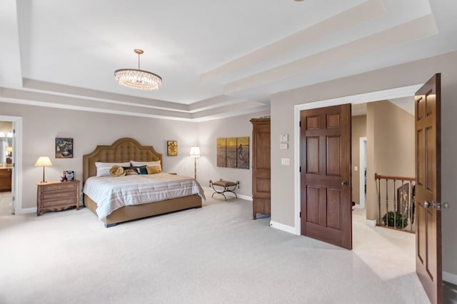 2559 Bird Ln, Batavia, IL 60510 - bedroom featuring a raised ceiling, light carpet, a chandelier, and baseboards