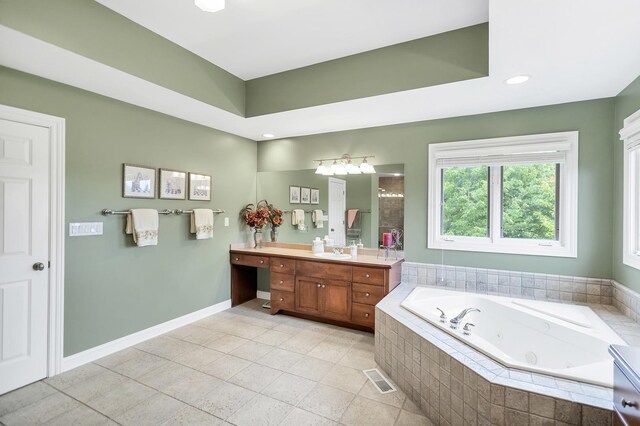 2559 Bird Ln, Batavia, IL 60510 - full bathroom featuring double vanity, a whirlpool tub, baseboards, recessed lighting, and tile patterned flooring