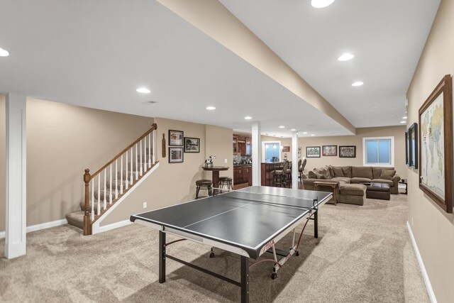 2559 Bird Ln, Batavia, IL 60510 - game room featuring light colored carpet, baseboards, recessed lighting, and bar