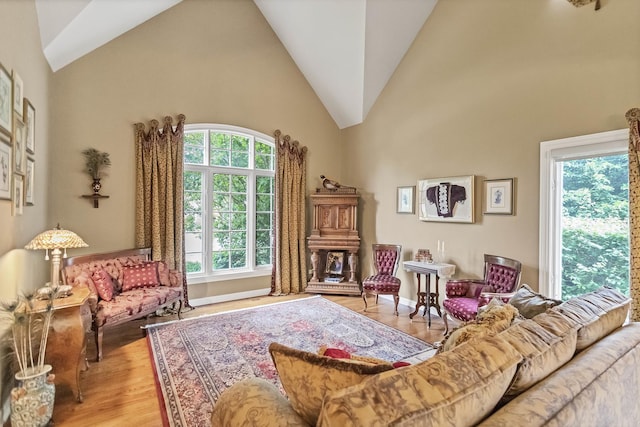 2559 Bird Ln, Batavia, IL 60510 - living room featuring healthy amount of natural light, light wood-style flooring, high vaulted ceiling, and baseboards