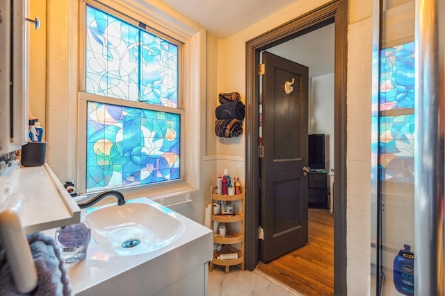 5555 N Sheridan Rd Unit 309, Chicago, IL 60640 - bathroom with vanity, tile walls, and wainscoting