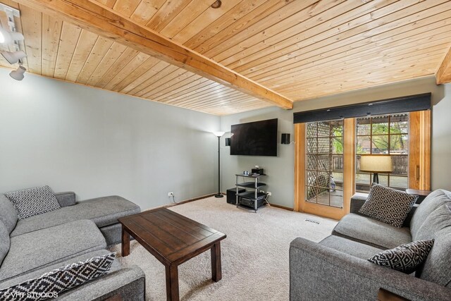 218 S Owen St, Mount Prospect, IL 60056 - carpeted living room featuring a wooden ceiling with exposed beams and baseboards