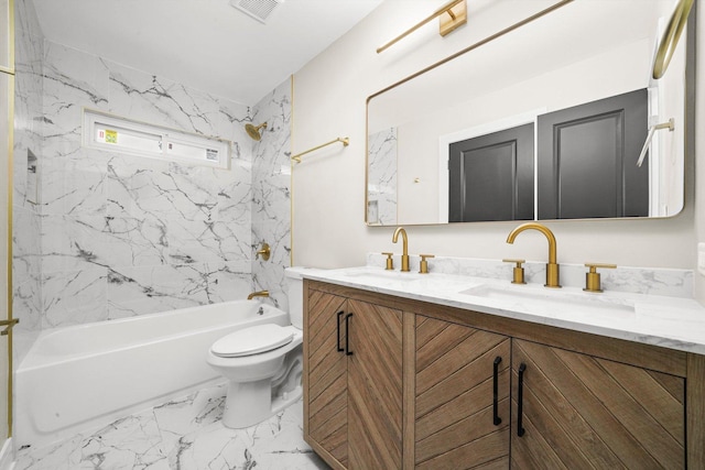 179 Glen Hill Dr, Glendale Heights, IL 60139 - bathroom with double vanity, marble finish flooring, tub / shower combination, and toilet