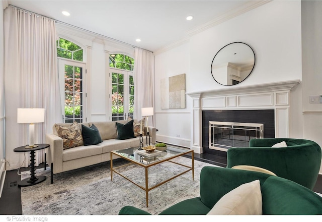 2015 N Howe St, Chicago, IL 60614 - living room featuring wood finished floors, crown molding, a fireplace with flush hearth, and recessed lighting