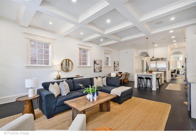 2015 N Howe St, Chicago, IL 60614 - living area featuring arched walkways, coffered ceiling, dark wood-style floors, beamed ceiling, and recessed lighting