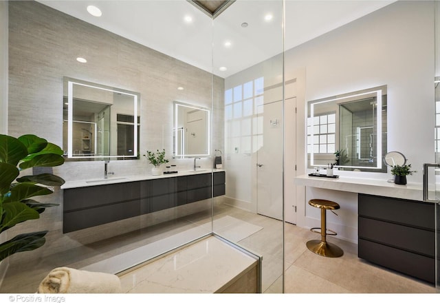 2015 N Howe St, Chicago, IL 60614 - full bathroom featuring tile patterned floors, recessed lighting, and double vanity