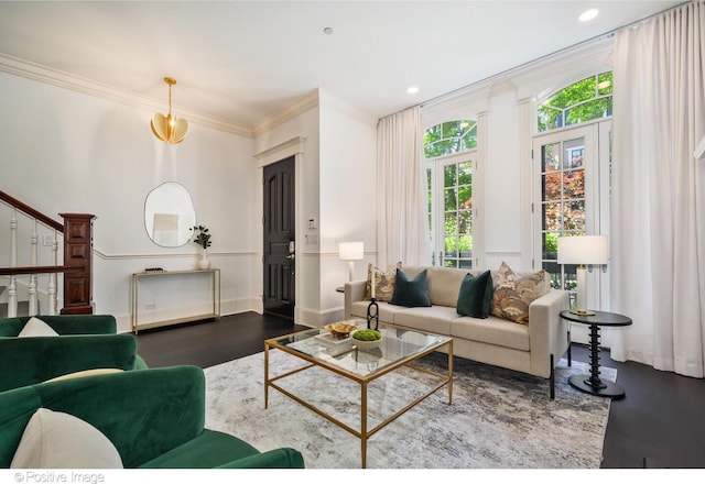 2015 N Howe St, Chicago, IL 60614 - living room featuring dark wood-style flooring, ornamental molding, stairs, and recessed lighting