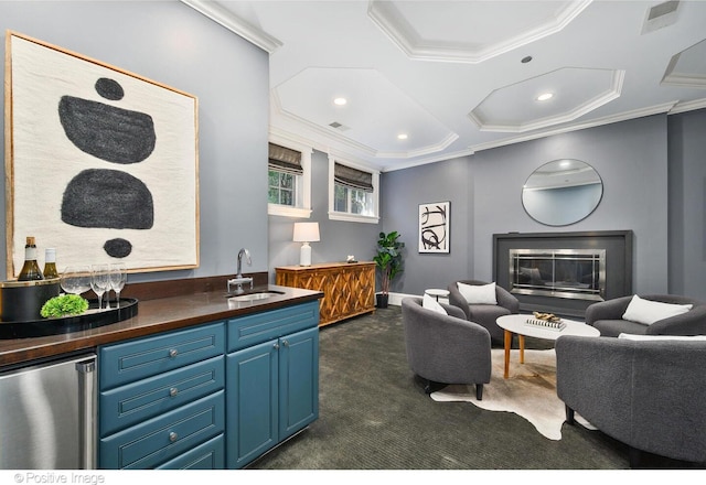 2015 N Howe St, Chicago, IL 60614 - living room featuring dark colored carpet, crown molding, a glass covered fireplace, and recessed lighting