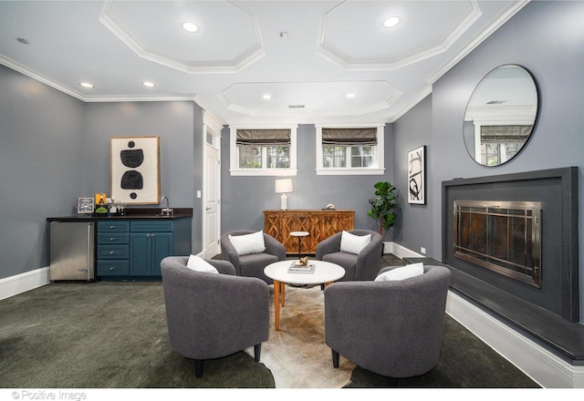 2015 N Howe St, Chicago, IL 60614 - living area featuring a fireplace, bar area, baseboards, ornamental molding, and recessed lighting